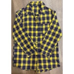 Mens Button Up Flannel Plaid Shirt Medium Yellow Blue Long Sleeve Minibee